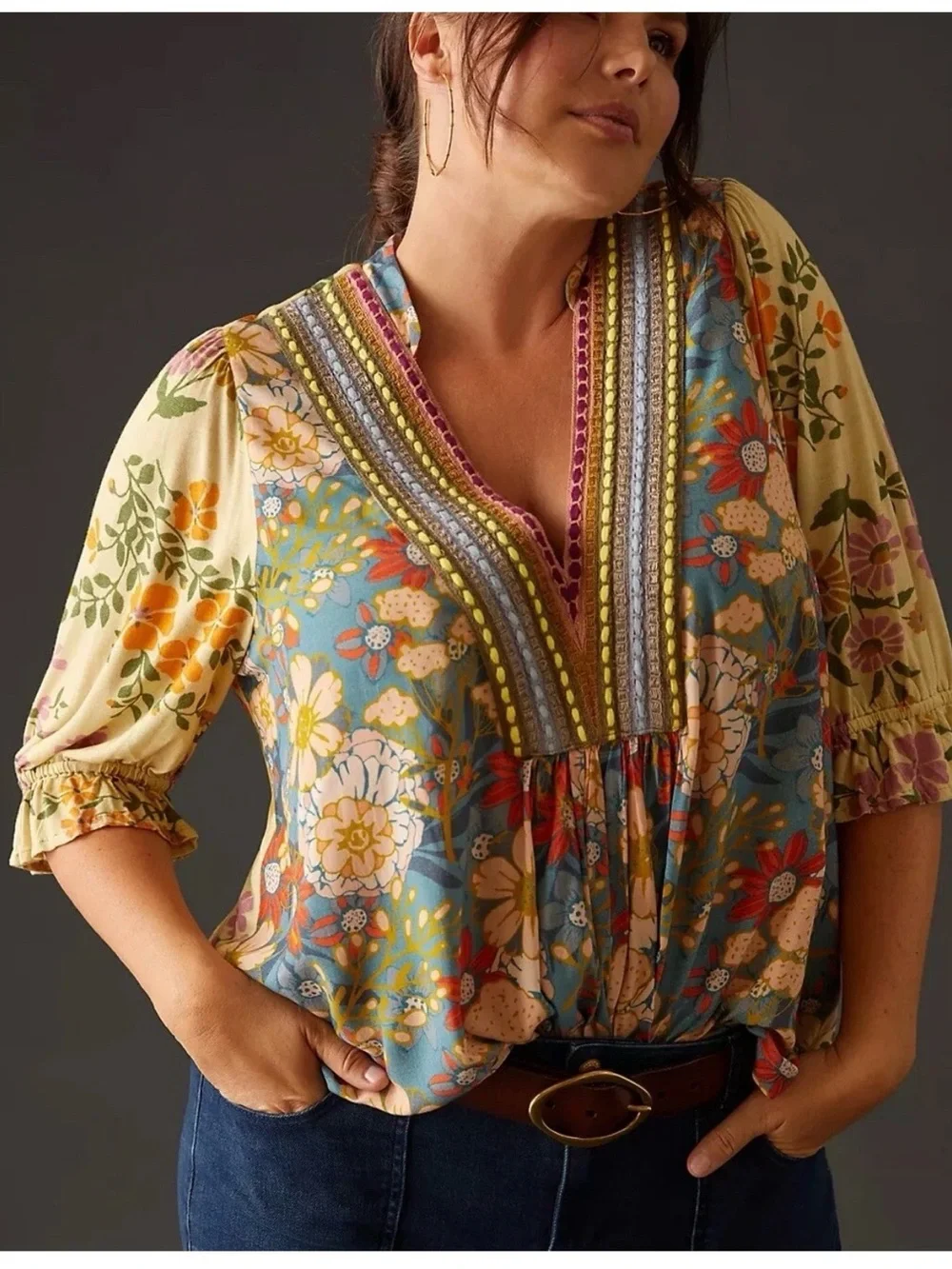New  BI^nk London x Anthropologie STEPHANIE L Yellow Blue Floral V-Neck Top